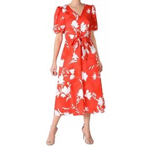 Julia Jordan Midi Dress Size 4 Floral Print Orange White Puff Sleeve Belted‎
